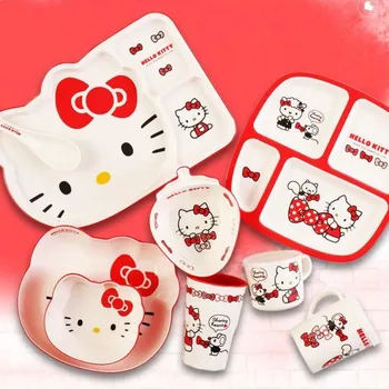 Kawaii Sanrioed Hello Kitty Сетка Обеденная Тарелка Ложка Чашка Миска Мультяшная Устойчивая К Падению Меламиновая Посуда Милый Праздничный Подарок 2
