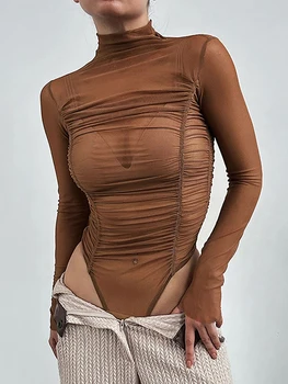 Женская облегающая однотонная рубашка со стоячим воротником из плиссированной сетки с длинными рукавами, весенне-осенний комбинезон, уличная одежда 2