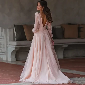 Лилейно-розовые однотонные вечерние платья для женщин, сексуальные платья для выпускного вечера с глубоким V-образным вырезом, пышные платья с длинными рукавами, Шифоновое вечернее платье с высоким разрезом 2