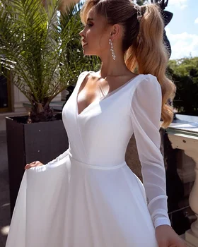 Элегантное шифоновое свадебное платье с V-образным вырезом и длинными рукавами, простые свадебные платья 2023, свадебное платье с открытой спиной для женщин, Robe De Mariee 2