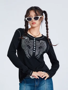 Женский винтажный топ с графическим принтом из страз, футболка Y2k с длинным рукавом, приталенная блузка, футболка, топы с принтом в стиле Фея Гранж, Перекрестные крылья 3