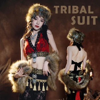 Костюмы племени Fusion, женский бюстгальтер для танца живота, пояс, комплект из кружевных бусин, племенной цыганский набедренный шарф, сценическое представление 3