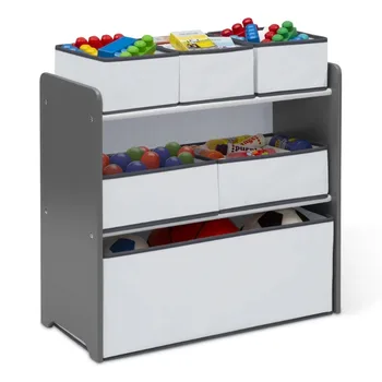Набор для детской комнаты из 4 предметов – Включает игровой столик со столешницей для сухого стирания и органайзер для игрушек на 6 ящиков Серого / белого цвета. 3