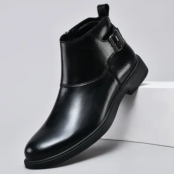 Роскошная брендовая мужская замшевая обувь, модные остроносые туфли, зимние плюшевые короткие ботинки, мужские деловые ботинки в английском стиле, бесплатная доставка 3