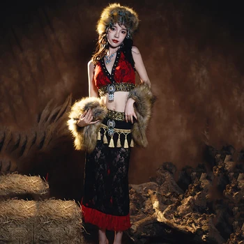 Костюмы племени Fusion, женский бюстгальтер для танца живота, пояс, комплект из кружевных бусин, племенной цыганский набедренный шарф, сценическое представление 4